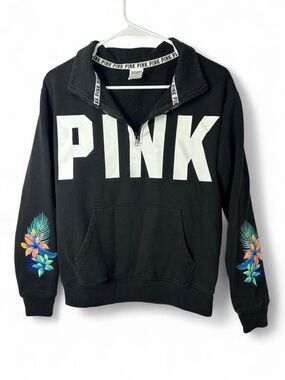 PINK Victoria's Secret Black Half-Zip Sweatshirt with Tropical Floral Sleeves
